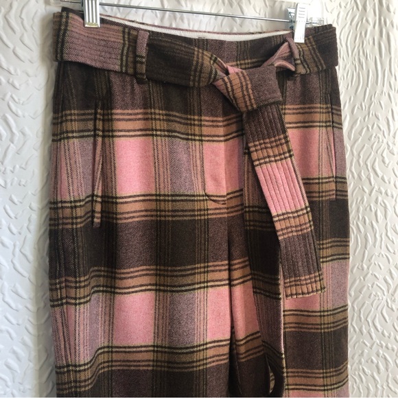 Aritzia Wilfred Soft Pink/Brown Plaid New Tie-Front Wool Cashmere Trouser Pant - Picture 7 of 15